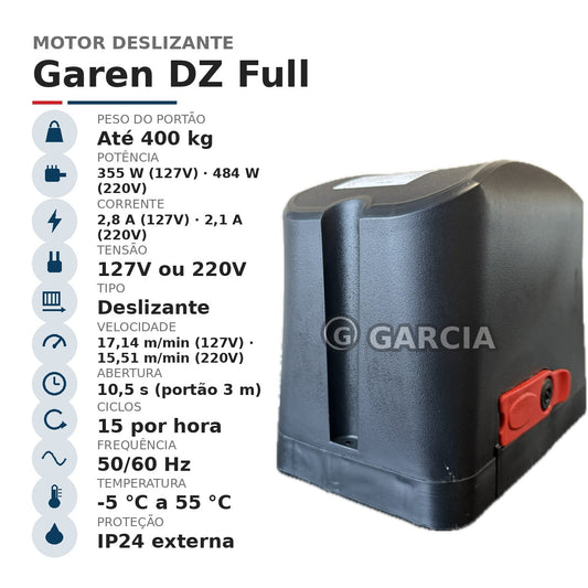 Kit Motor de Portão Deslizante Garen DZ Full 1/4 HP 400kg – 2 Controles Remoto