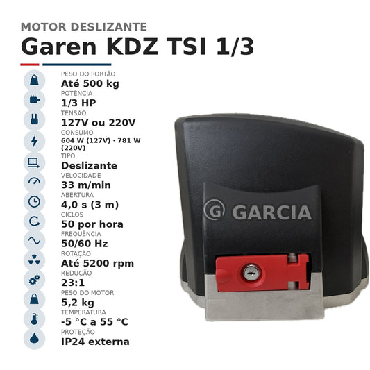 Kit Motor de Portão Deslizante Garen KDZ TSI FIT 1/3 HP – Bivolt – 2 Controles Remoto
