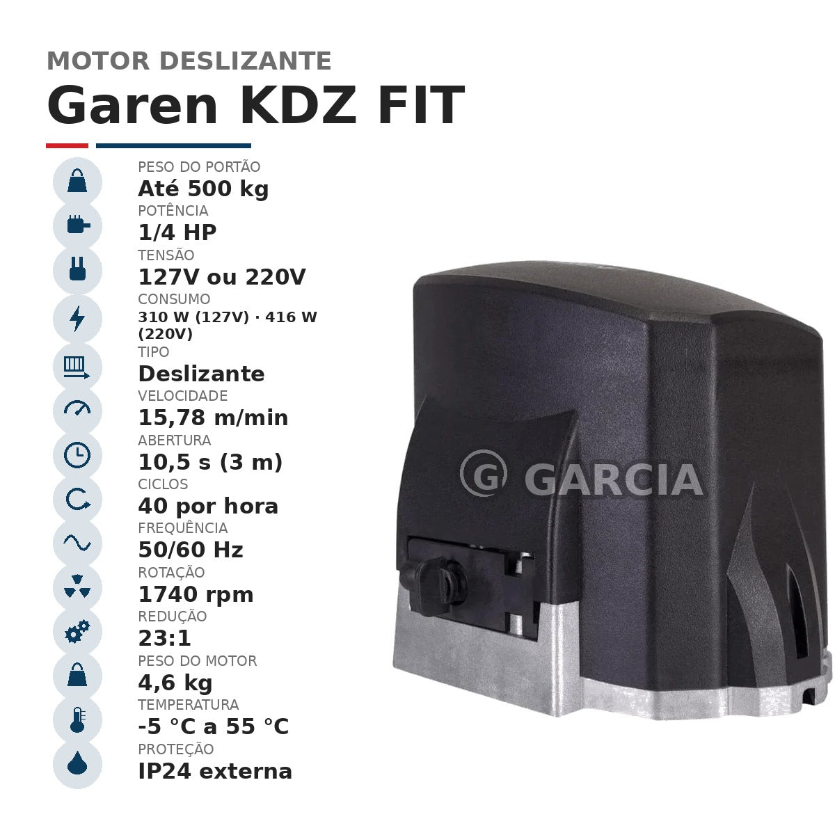 Kit Motor de Portão Deslizante Garen KDZ FIT 500kg – 2 Controles Remoto