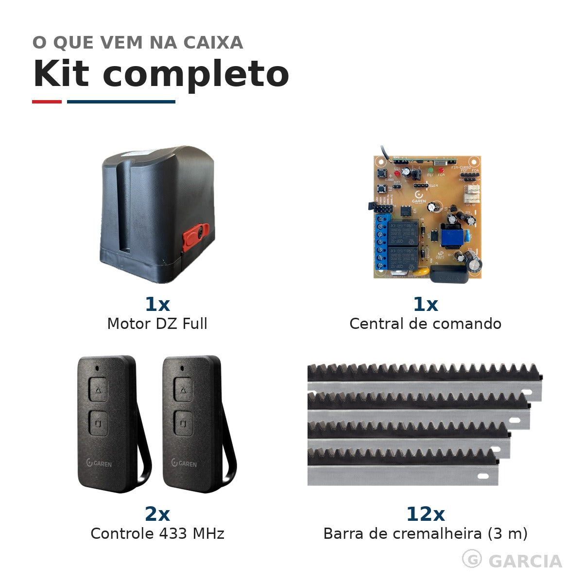 Kit Motor de Portão Deslizante Garen DZ Full 1/4 HP 400kg – 2 Controles Remoto