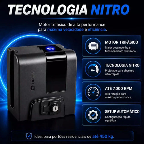 Kit Motor de Portão Deslizante Rossi Atto Nitro Wi-Fi 400kg 3m – Bivolt 127V/220V