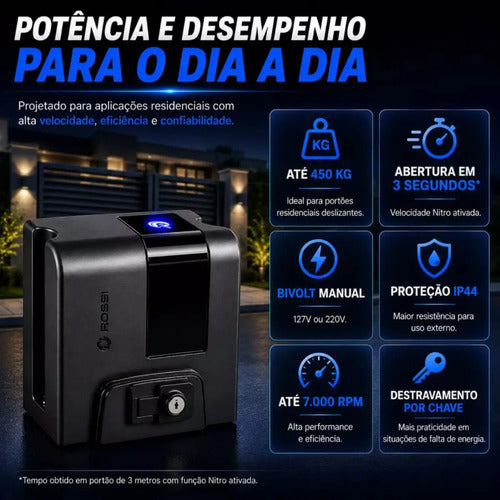 Kit Motor de Portão Deslizante Rossi Atto Nitro Wi-Fi 400kg 3m – Bivolt 127V/220V